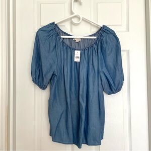 LOFT Chambray Blue Puff-Sleeve Scoop-Neck Blouse - Small
